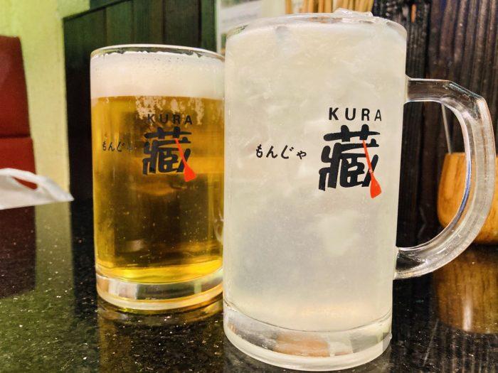 上海蔵もんじゃビールとレモンチューハイ